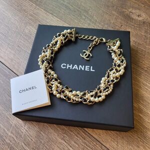 Chanel Choker Necklace OS Gold Black Pearl Braided CC Logo Multi-Strand